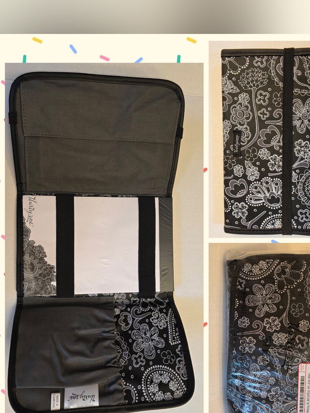 Thirty-One NWT Fold-n-Go Black Paisley Parade Pattern PadFolio with Notepad